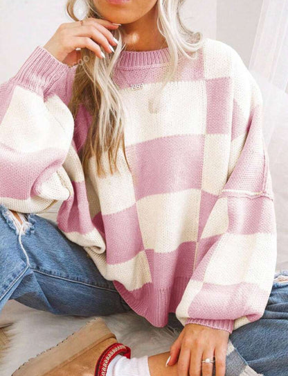 Women’s Plaid Knit Sweater | Loose Fit Crewneck Pullover · Casual Autumn Long Sleeve Top