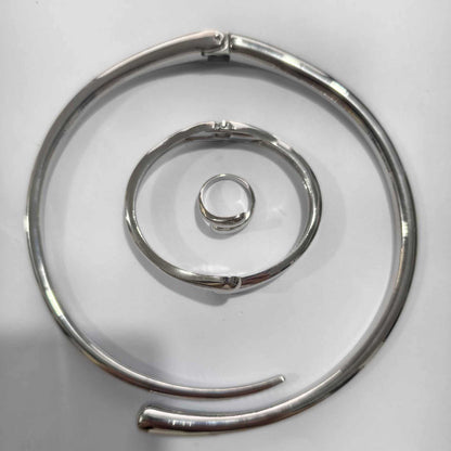Women’s Minimalist Metal Jewelry Set | Geometric Choker, Bracelet & Ring Trio
