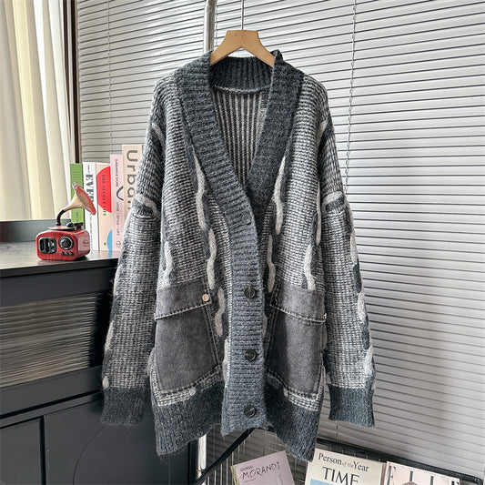 Autumn Winter 2025 Women’s Patch Pocket Denim Knit Cardigan – Loose Lazy Knit Sweater