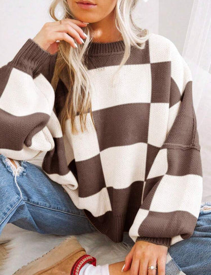 Women’s Plaid Knit Sweater | Loose Fit Crewneck Pullover · Casual Autumn Long Sleeve Top