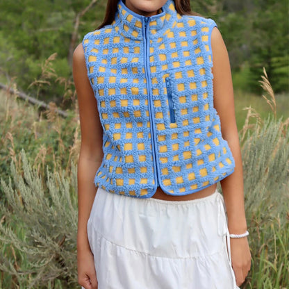 Plaid Fleece Vest for Women | New Sleeveless Stand Collar Vest
