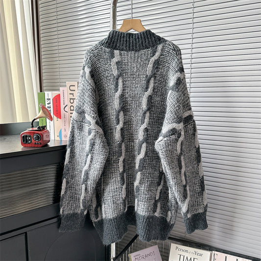 Autumn Winter 2025 Women’s Patch Pocket Denim Knit Cardigan – Loose Lazy Knit Sweater
