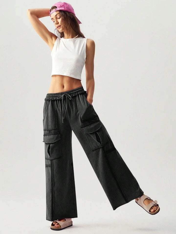 Women’s Pleated Washed Cargo Pants | Loose Fit Flared Casual Trousers – Spring New Arrival
