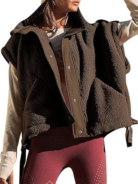 Faux Fur Vest | Oversized Sleeveless Sherpa Jacket with Button Closure