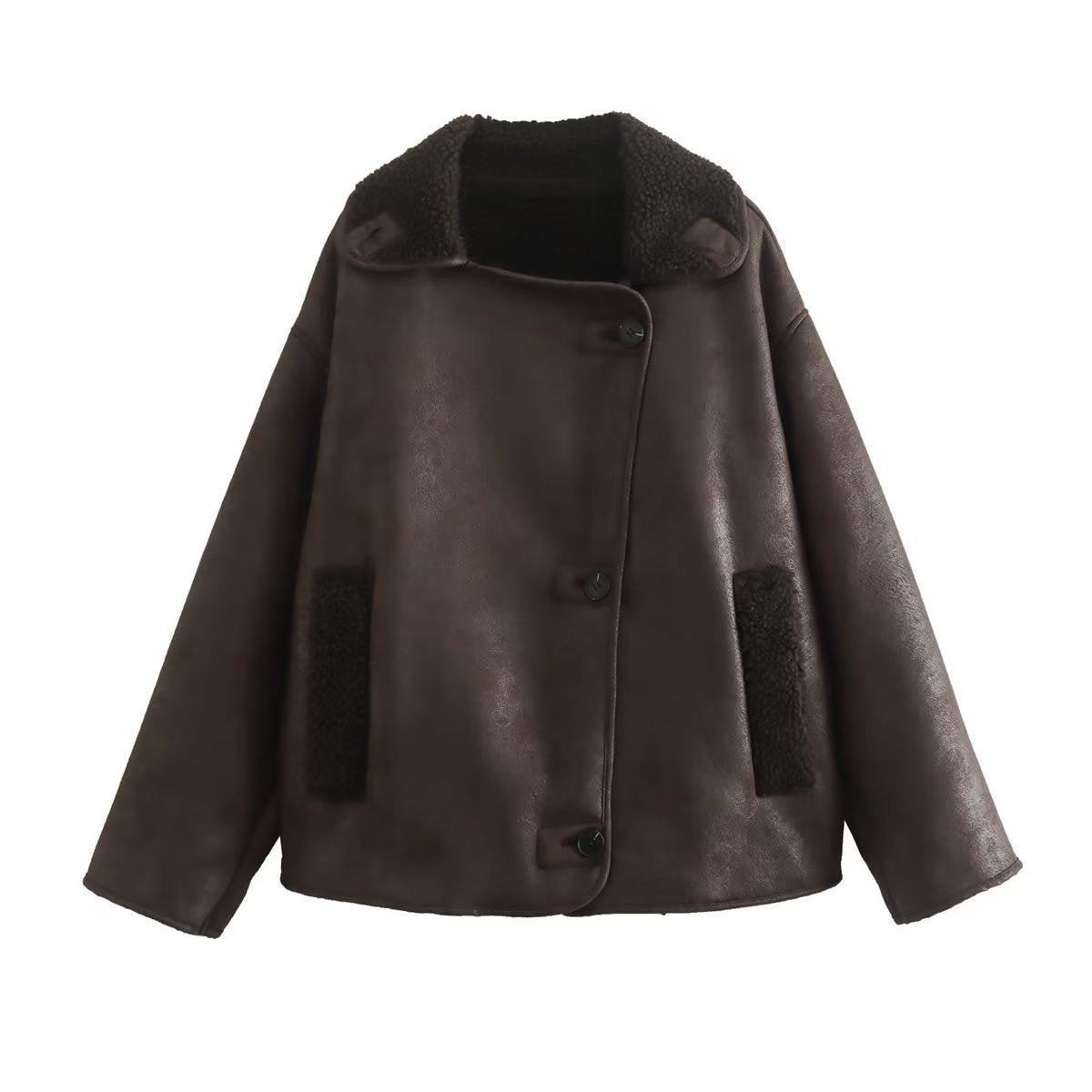 Women’s Reversible Faux Leather & Fur Jacket – Spring Autumn Casual Turn-Down Collar Outerwear