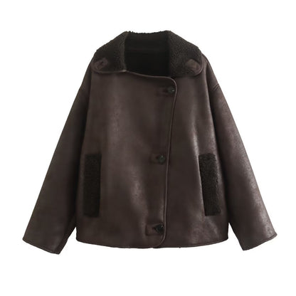 Women’s Reversible Faux Leather & Fur Jacket – Spring Autumn Casual Turn-Down Collar Outerwear