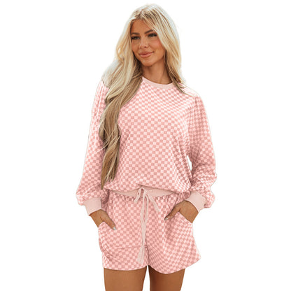 2025 Autumn New Arrival | Women’s Drawstring Casual Two-Piece Set – Trendy Plaid Print, Long-Sleeve Fashion Tracksuit