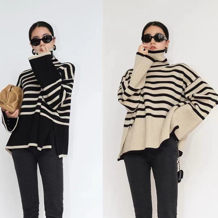 Striped High Neck Sweater for Women | 2025 Spring & Autumn Loose Knit Pullover with Unique Design