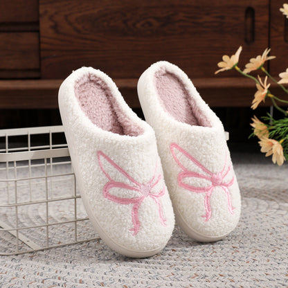 Pink Heart Bow Winter Plush Slippers for Women – Warm Fleece Indoor House Shoes, Soft Cozy Cotton Slides