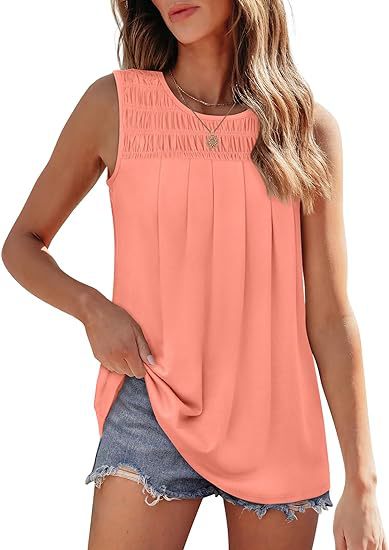 Women’s Pleated Sleeveless Tank Top – Summer Loose Fit Round Neck Blouse