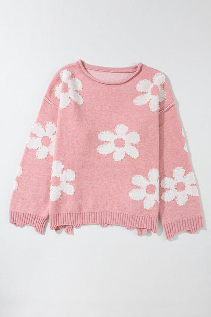 2025 Fall/Winter New Women’s Drop Shoulder Sweater – Sweet Pearl-Embellished Printed Knit Top