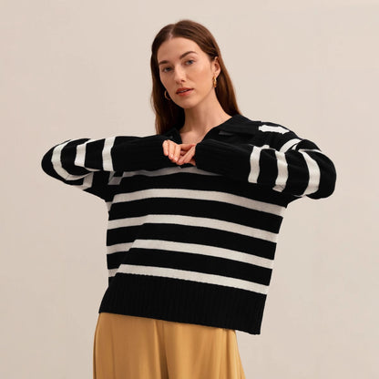 Women’s Autumn Winter Knit Sweater – Loose Fit Colorblock Polo Collar Pullover