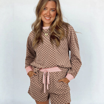 2025 Autumn New Arrival | Women’s Drawstring Casual Two-Piece Set – Trendy Plaid Print, Long-Sleeve Fashion Tracksuit