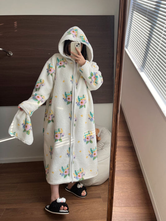 Striped Coral Fleece Hoodie Robe for Women | Thick & Warm Cozy Pajamas