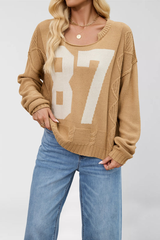 Fall Winter 2025 Color Block Number Print Knit Sweater | Loose Fit Long Sleeve Pullover for Women