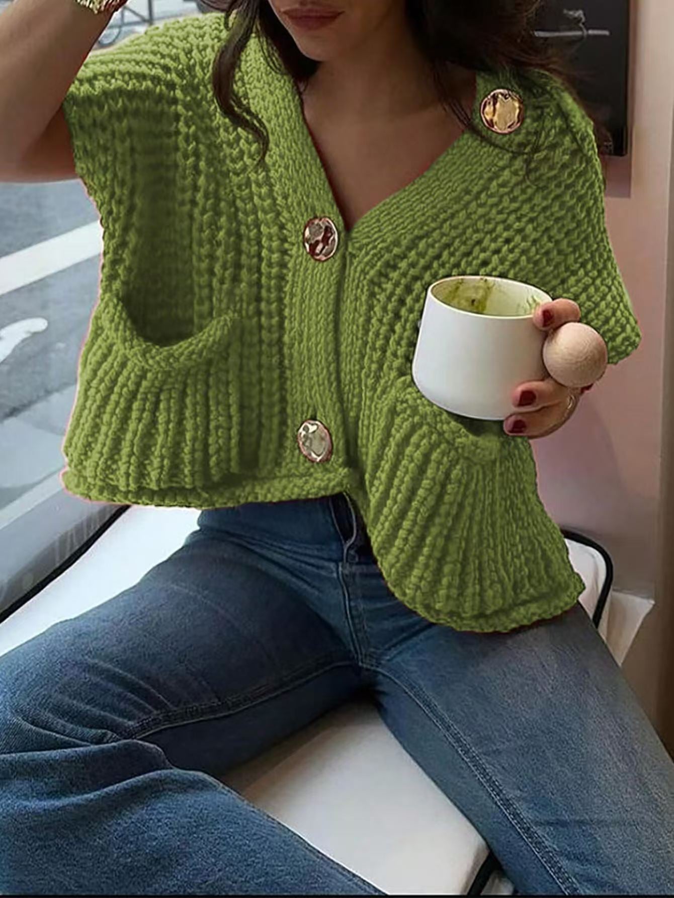 Women’s Chunky Knit Sleeveless Vest | V-Neck Fashionable Short Sweater Top