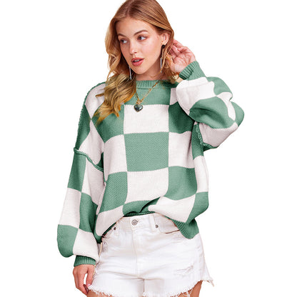 Autumn 2025 Women’s Plaid Long Sleeve Sweater – Casual Warm Pullover Knit Top
