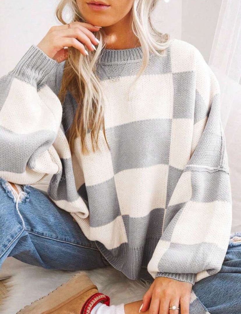 Women’s Plaid Knit Sweater | Loose Fit Crewneck Pullover · Casual Autumn Long Sleeve Top