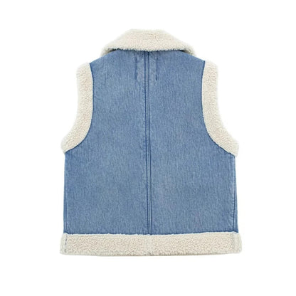 Women’s Sherpa Vest – Autumn Winter Cotton Faux Leather Moto Lambswool Open-Front Gilet