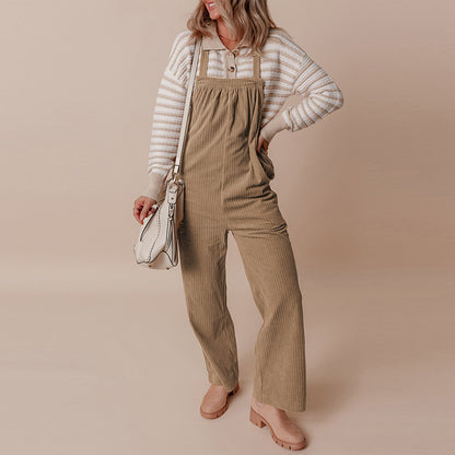 Autumn 2025 Women’s Corduroy Overalls – Solid Color Multi-Pocket Jumpsuit