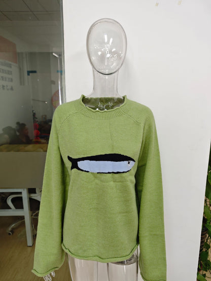 Fish Print Crew Neck Sweater for Women | 2025 Fall & Winter Fashionable Relaxed Knit Pullover