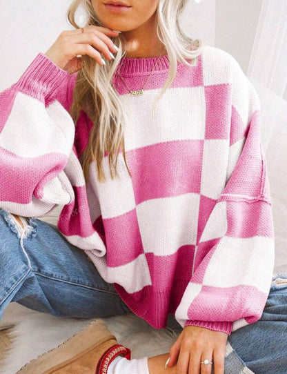 Women’s Plaid Knit Sweater | Loose Fit Crewneck Pullover · Casual Autumn Long Sleeve Top