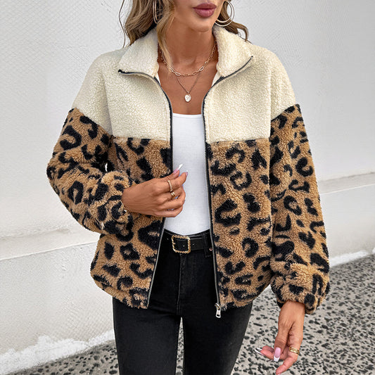 Women’s Fall & Winter Fashion Leopard Print Fleece Jacket | Casual & Versatile Lamb Wool Long Sleeve Outerwear
