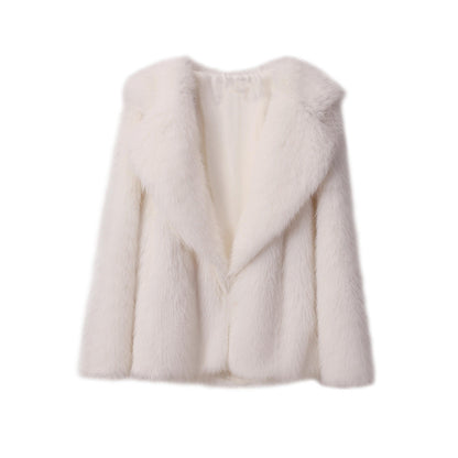 Women’s Faux Fur Coat – Autumn Winter Wide Collar Mid-Length Jacket, Loose Fit Outerwear