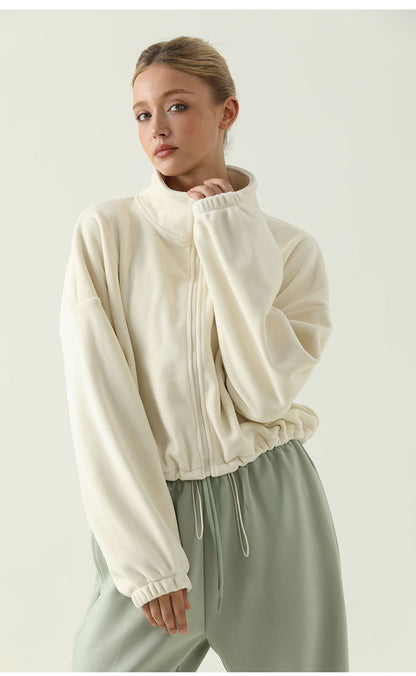 Women’s Thick Sherpa Fleece Yoga Jacket – Autumn Winter High Neck Drawstring Windproof Hoodie