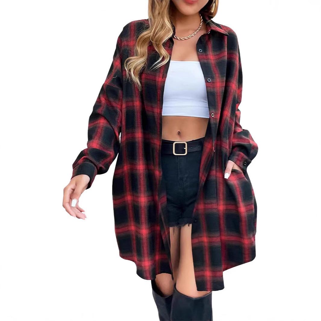 Women’s Long Sleeve Plaid Shirt | Mid-Length Casual Top with Pockets