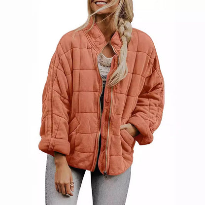 ✨ Solid Color Stand Collar Cotton Jacket for Women – Loose Fit Long Sleeve Pocket Coat