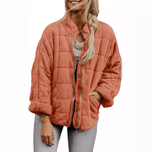 ✨ Solid Color Stand Collar Cotton Jacket for Women – Loose Fit Long Sleeve Pocket Coat