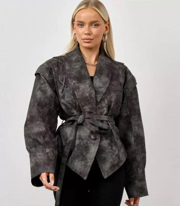 Women’s Retro Faux Leather Jacket – Autumn Street Style Tie-Waist Turn-Down Collar Outerwear