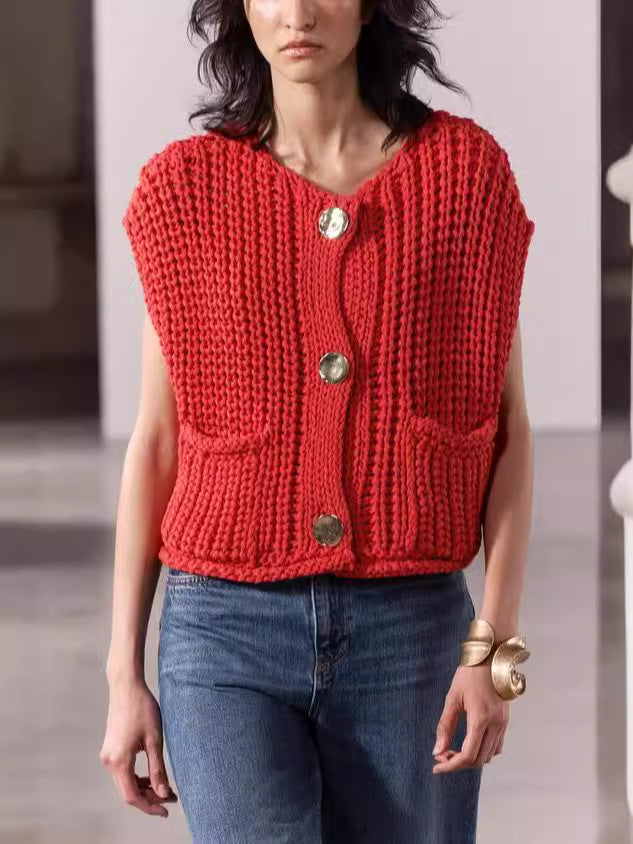 Women’s Chunky Knit Sleeveless Vest | V-Neck Fashionable Short Sweater Top
