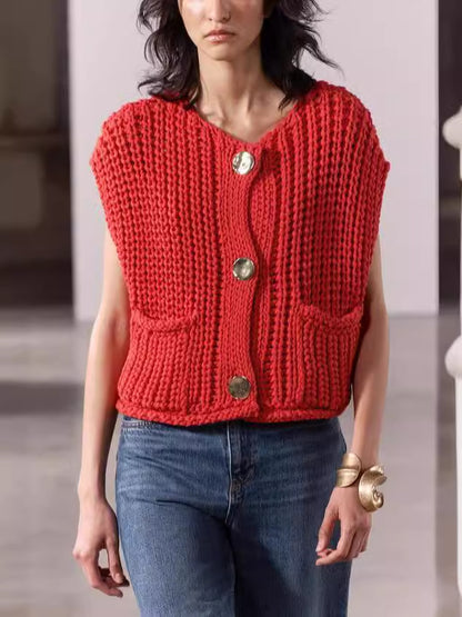 Women’s Chunky Knit Sleeveless Vest | V-Neck Fashionable Short Sweater Top