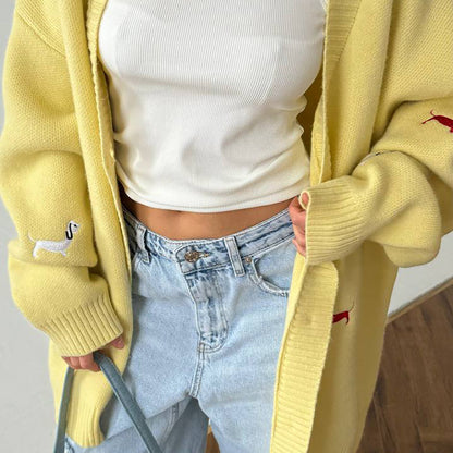 Women’s Early Autumn Embroidered Dachshund Sweater – Loose V-Neck Cardigan, Long Sleeve Casual Outerwear