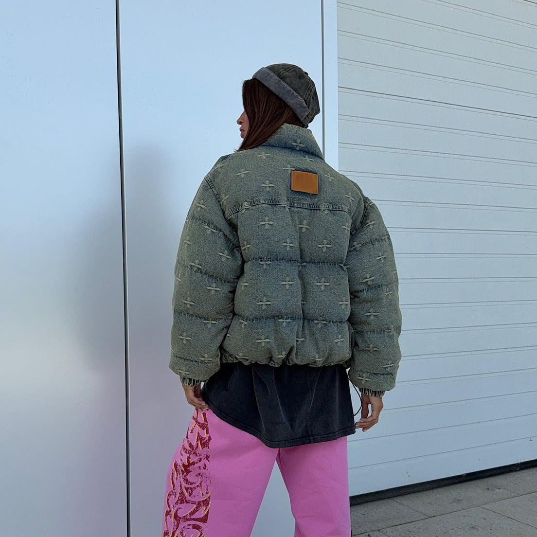 Autumn Winter 2025 Women’s Distressed Cross Embroidered Denim Cotton Jacket – Vintage Fashion Warm Coat