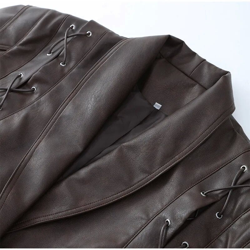 Women’s Retro Faux Leather Jacket – Autumn Street Style Tie-Waist Turn-Down Collar Outerwear
