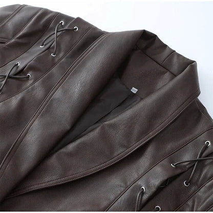 Women’s Retro Faux Leather Jacket – Autumn Street Style Tie-Waist Turn-Down Collar Outerwear
