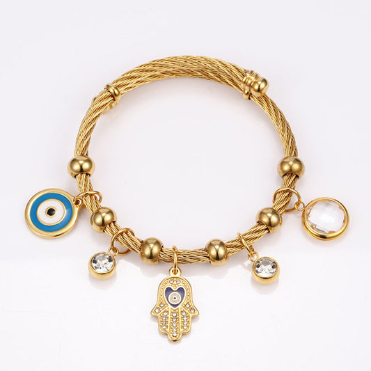 18K Gold Plated Stainless Steel Adjustable Hamsa Hand Bracelet | Women’s Titanium Steel Diamond Accent Jewelry