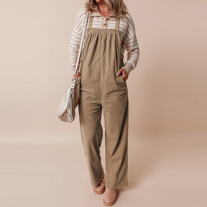 Autumn 2025 Women’s Corduroy Overalls – Solid Color Multi-Pocket Jumpsuit