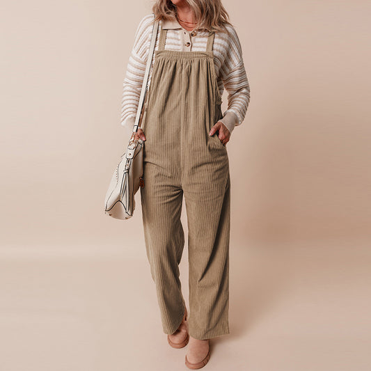 Autumn 2025 Women’s Corduroy Overalls – Solid Color Multi-Pocket Jumpsuit