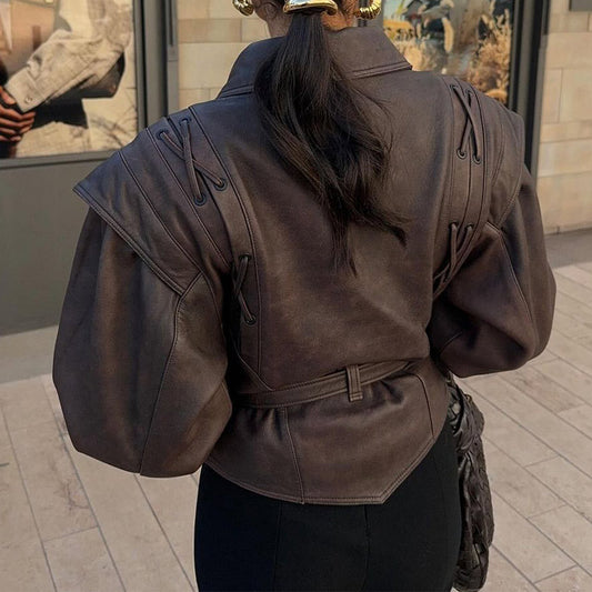 Women’s Retro Faux Leather Jacket – Autumn Street Style Tie-Waist Turn-Down Collar Outerwear