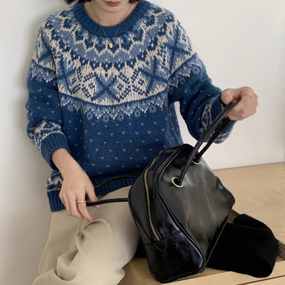 Women’s Fair Isle Knit Sweater – Cozy Autumn Winter Pullover, Thick Warm Lazy Style Nordic Jacquard Top