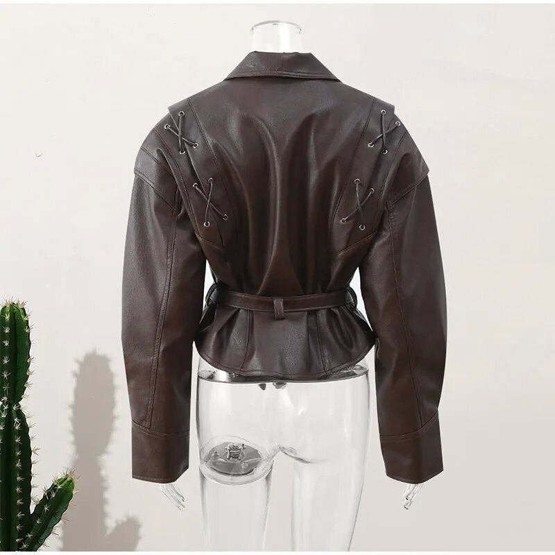 Women’s Retro Faux Leather Jacket – Autumn Street Style Tie-Waist Turn-Down Collar Outerwear