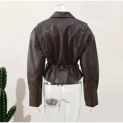 Women’s Retro Faux Leather Jacket – Autumn Street Style Tie-Waist Turn-Down Collar Outerwear