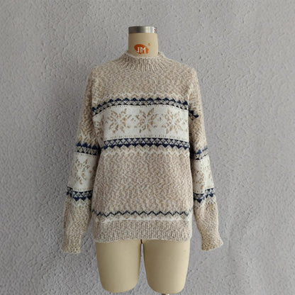 Autumn Winter 2025 Women’s Christmas Snowflake Chenille Sweater – Semi-Turtleneck Knit Pullover