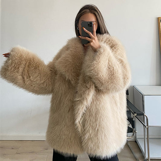 Women’s Faux Fur Coat – Autumn Winter Wide Collar Mid-Length Jacket, Loose Fit Outerwear