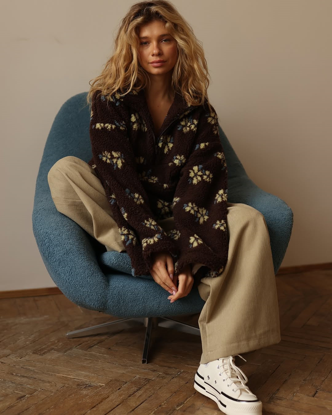 2025 Women’s Spring Lambswool-Style Zip-Up Hoodie – Loose Fit Printed Long Sleeve Sweatshirt
