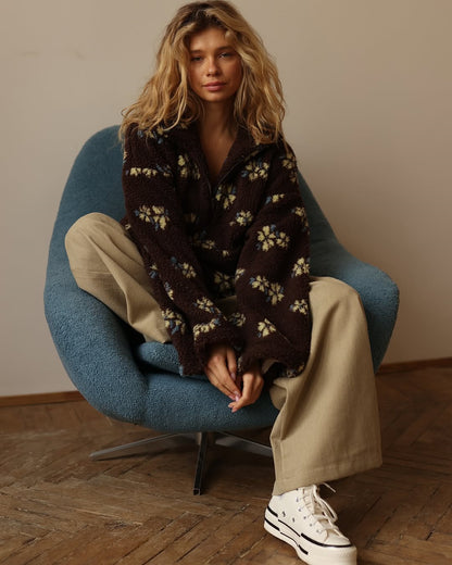 2025 Women’s Spring Lambswool-Style Zip-Up Hoodie – Loose Fit Printed Long Sleeve Sweatshirt